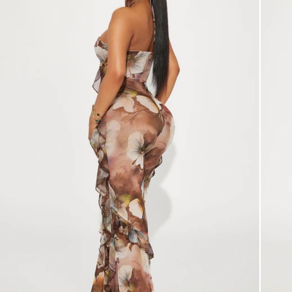 Fashion Nova Floral Ruffle Jumpsuit - Brown and Cream - Picture 2 of 2